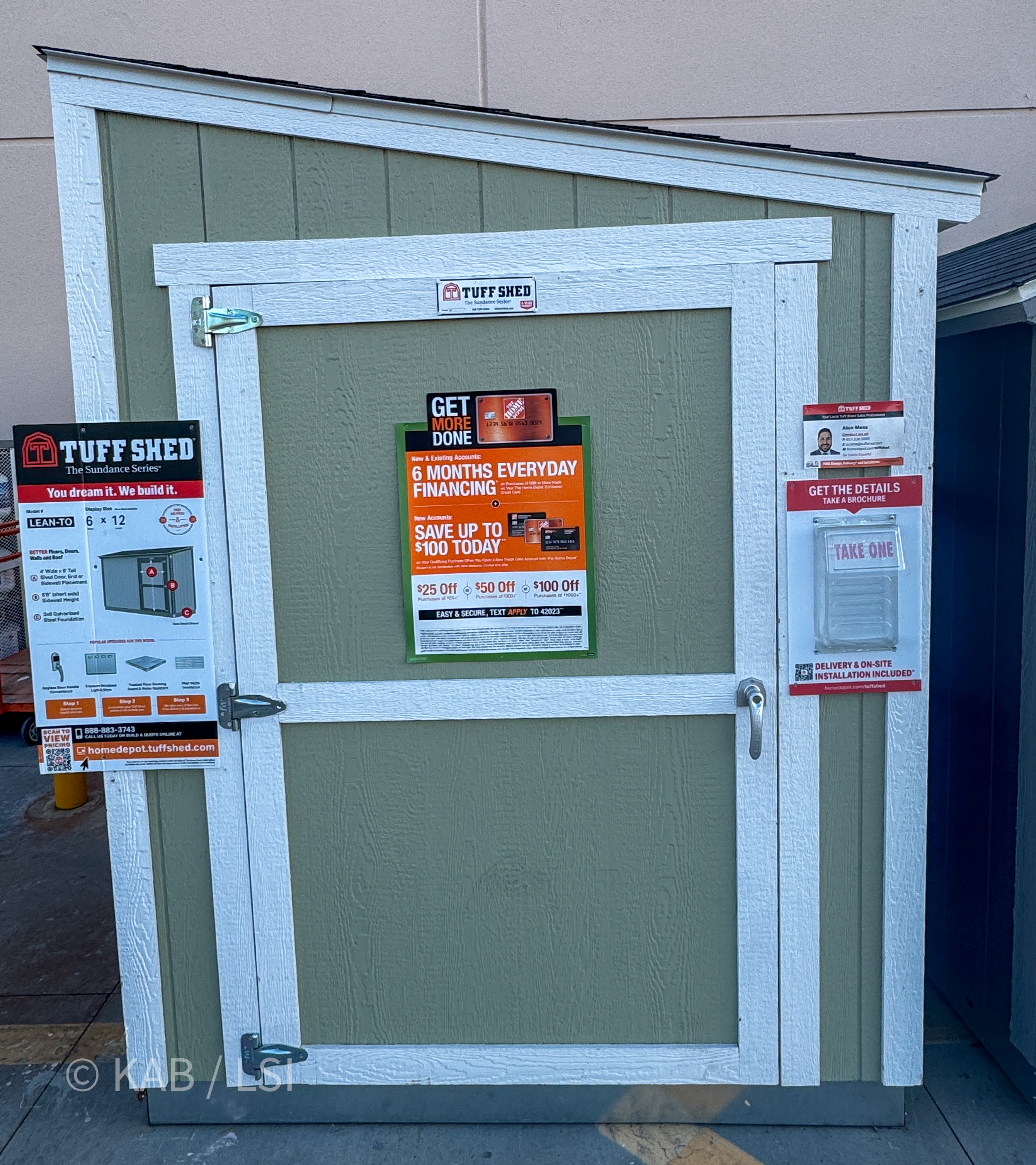 Tuff Shed Sundance LEAN-TO 6 by 12 sage green wall adjacent shed at Home Depot