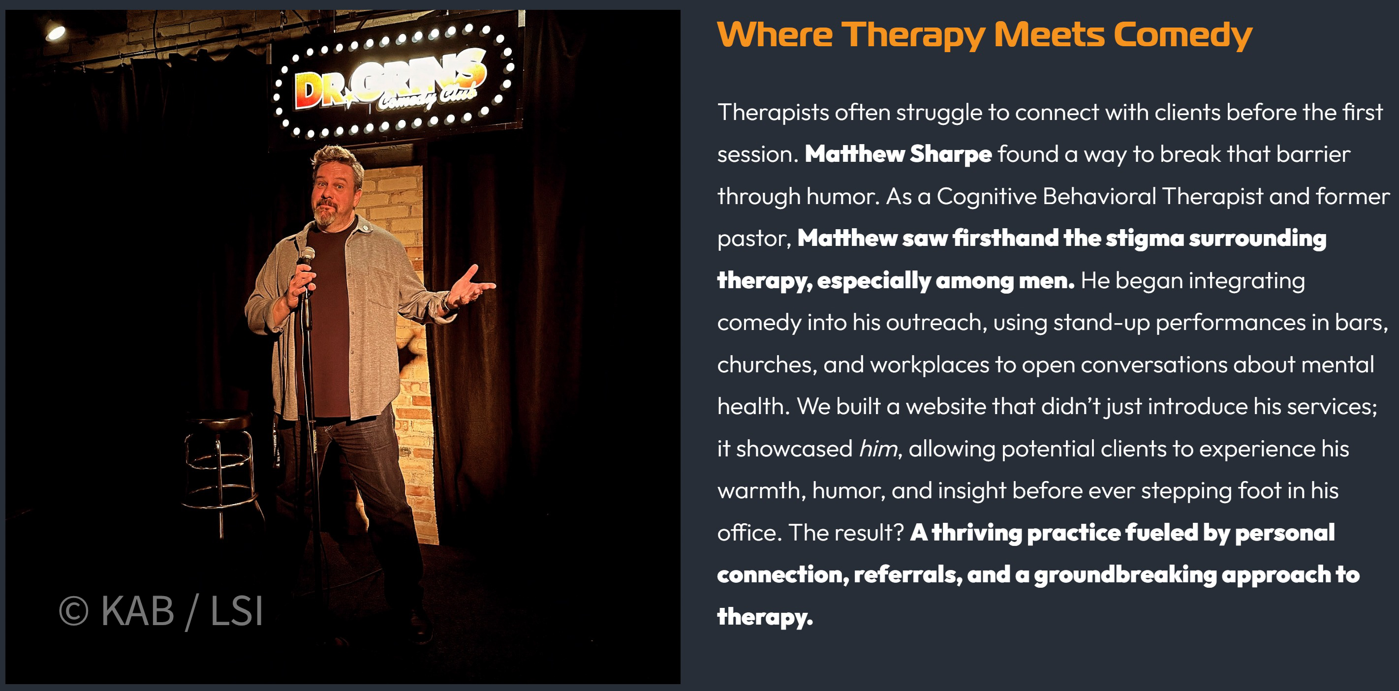 Matthew Sharpe, Cognitive Behavioral Therapist and former pastor, performing stand-up comedy on stage at Dr Grins Comedy Club. SDA case-study panel headline: Where Therapy Meets Comedy.