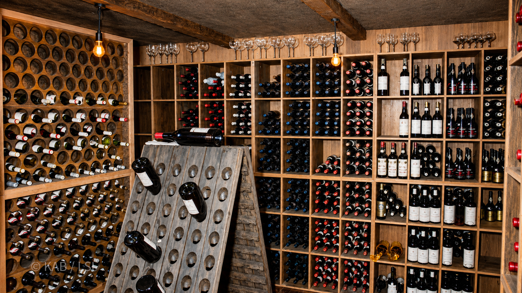 Corner of a large 6,000-bottle residential wine cellar with redwood racking and a riddling rack.