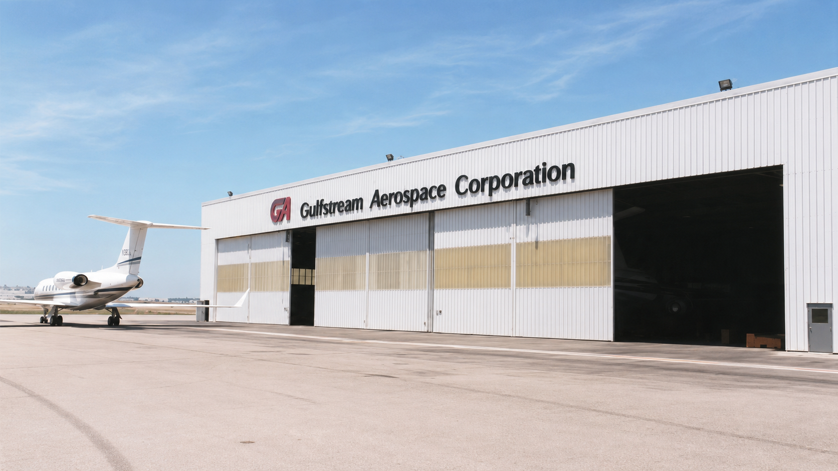 Gulfstream Aerospace Corporation interior-outfitting hangar at Long Beach Airport, its tall sliding doors open to the bays, with a Gulfstream business jet parked on the apron under a clear sky.
