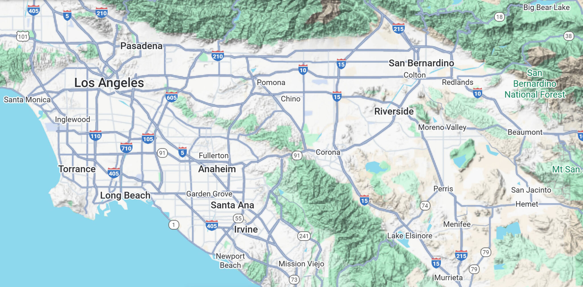 La Habra Heights terrain map — from Beverly Hills to Big Bear Lake, south to Newport Beach and Catalina Island