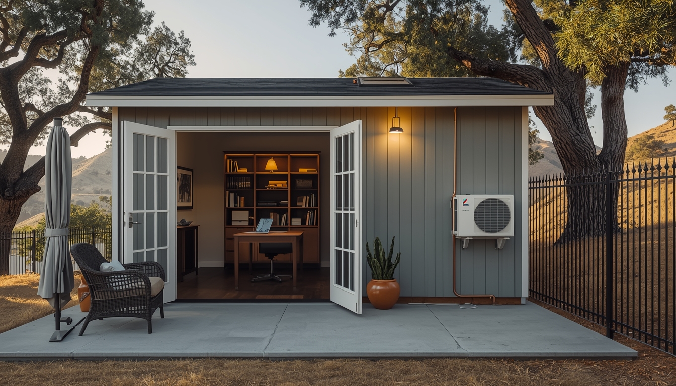 Professional office shed on concrete pad with mini split French doors open to desk and bookshelves La Habra Heights CA hillside