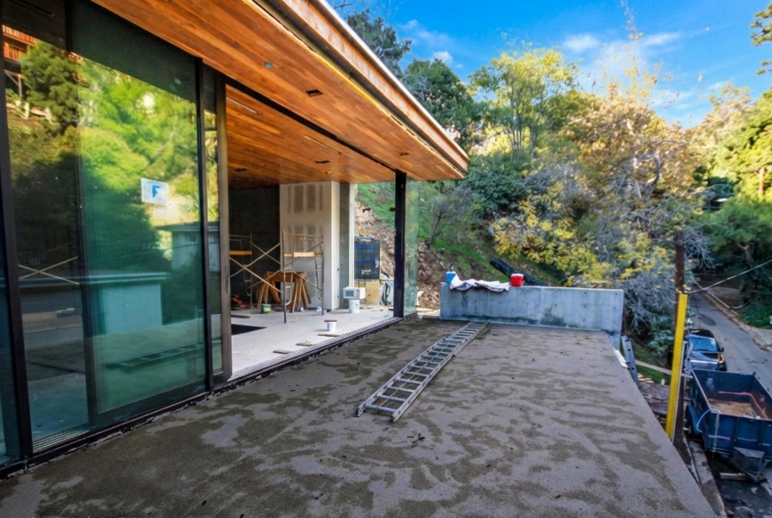 Standing on the cast concrete roof deck of a steel and glass canyon home — Beverly Hills, Laurel Canyon. Fire trucks cannot reach this address.