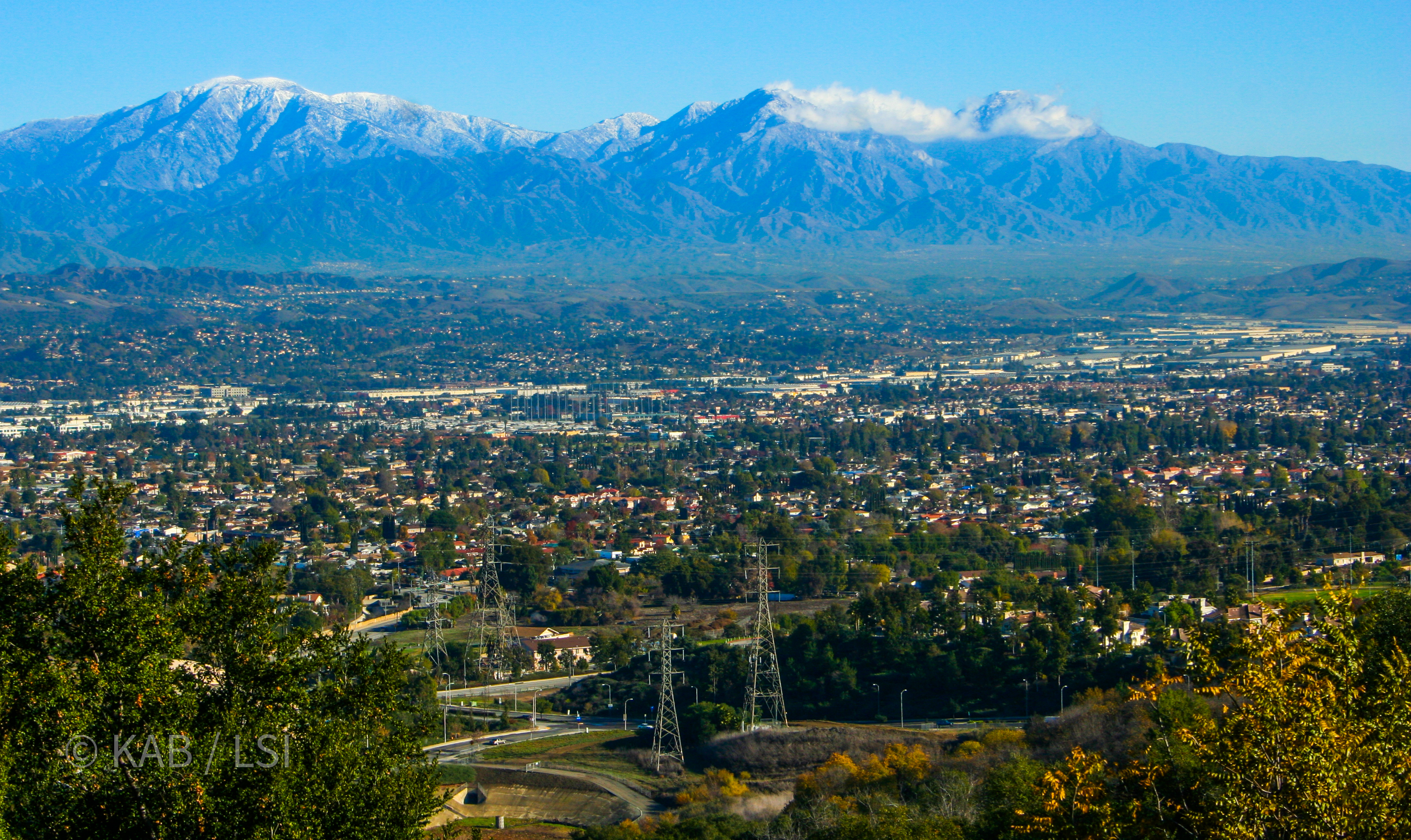Snow-capped San Gabriel Mountains from La Habra Heights deck © KAB/LSI