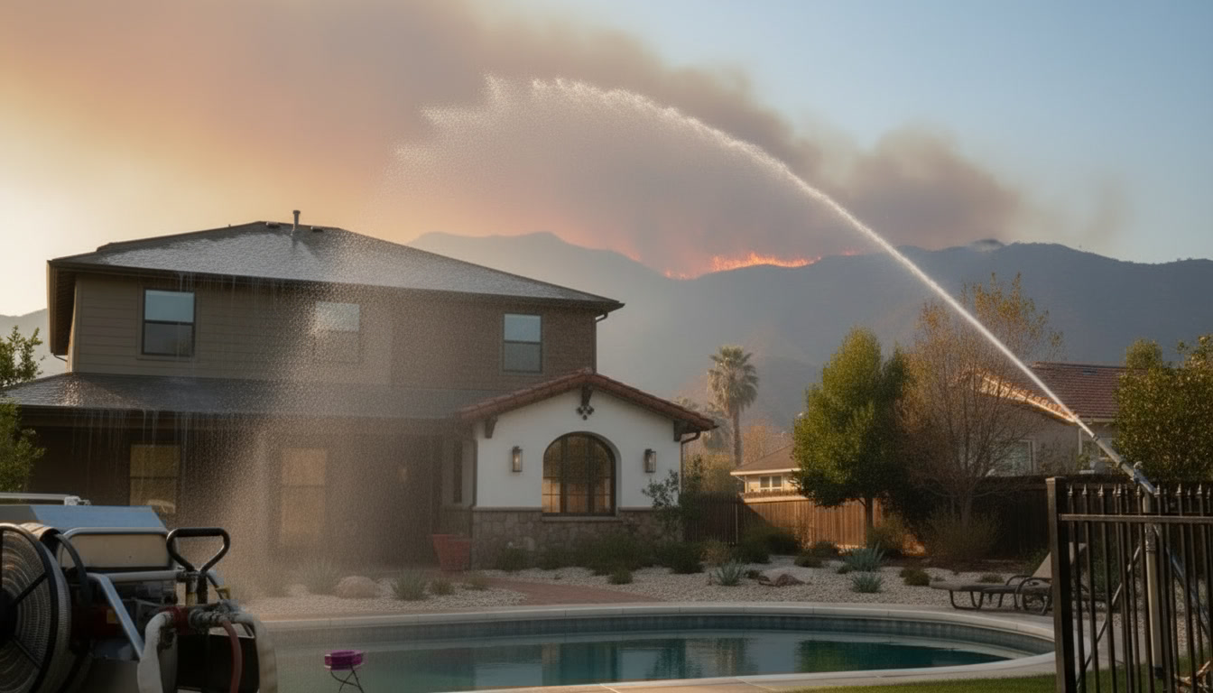 AI illustration — fire defense system active, water coverage across hillside property