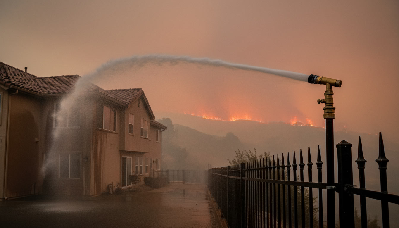 AI illustration — brass suppression nozzle on iron fence post, water arc hitting house, wildfire on hillside behind
