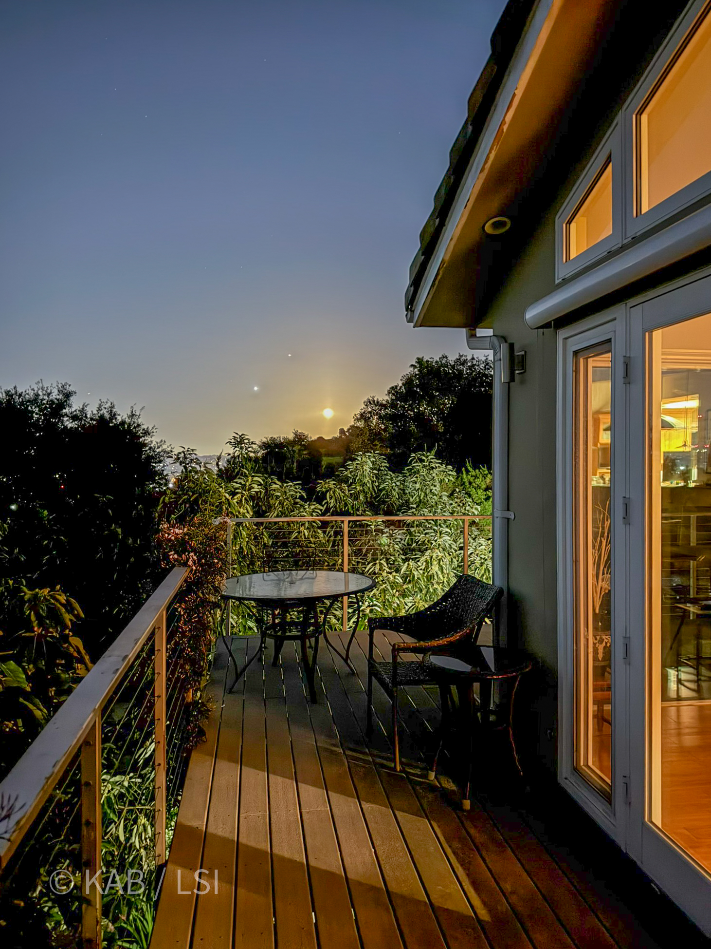 Moonrise from wrap-around observation deck — French doors open, La Habra Heights © KAB/LSI
